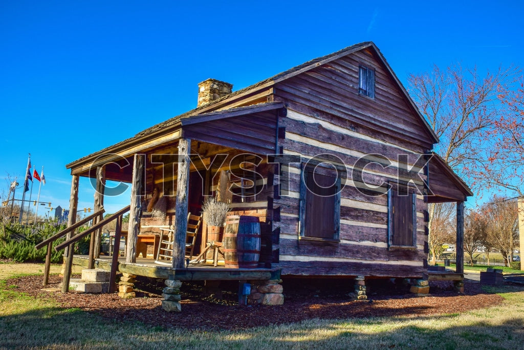 Historic log cabin with blue sky in Gaffney, SC