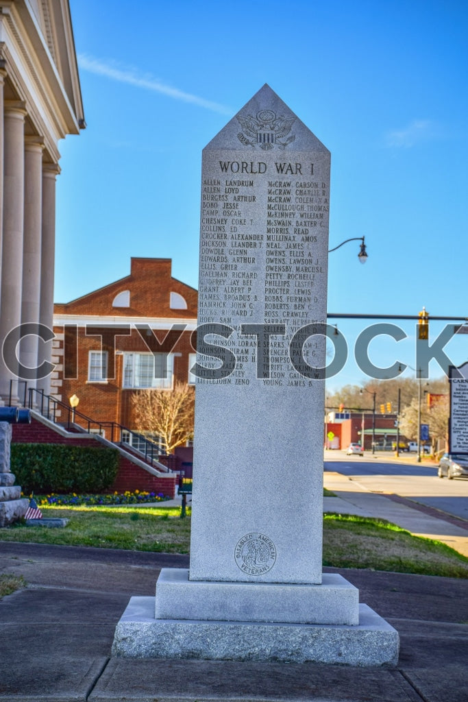 World War I Memorial with clear blue sky in Gaffney, SC