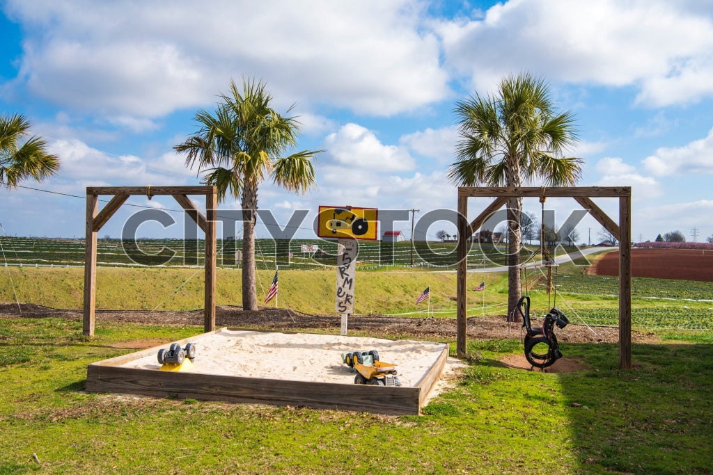 Rustic children's playground with tire swings and palm trees in Gaffney, SC