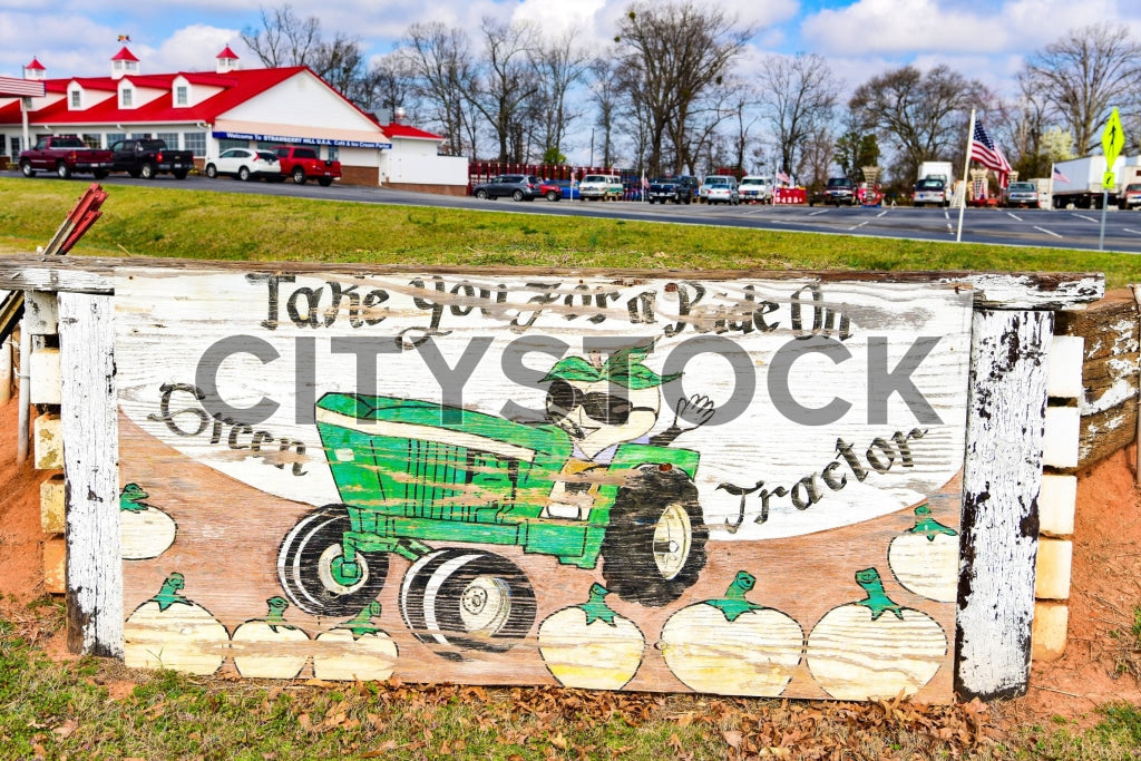 Painted mural of green tractor and cabbages in Gaffney, SC