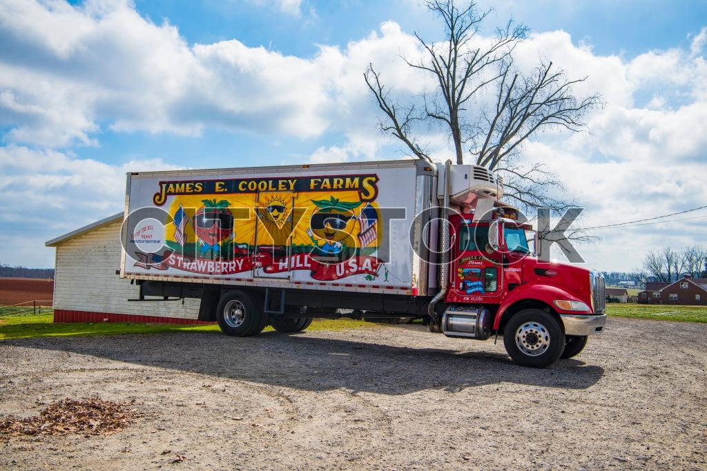 Patriotic farm truck with strawberry artwork in Gaffney, SC