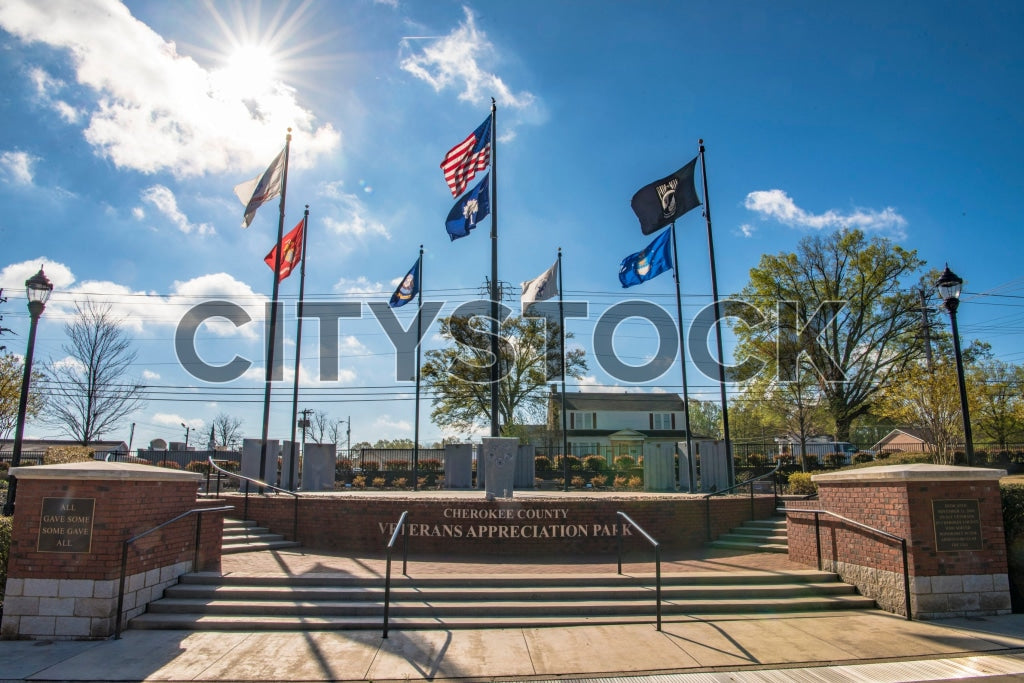Veterans appreciation park with flags under sunny blue sky in Gaffney, SC