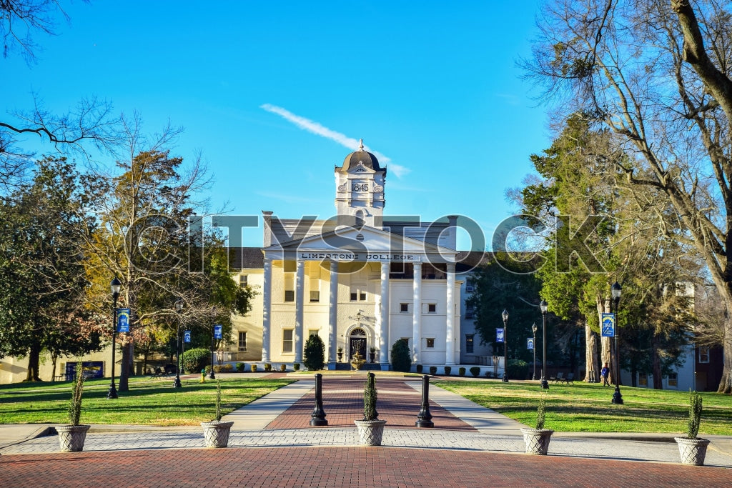 Limestone College main building on sunny day in Gaffney, SC