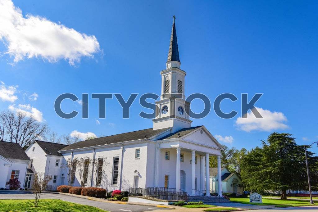 Serene white church under sunny blue sky in Gaffney