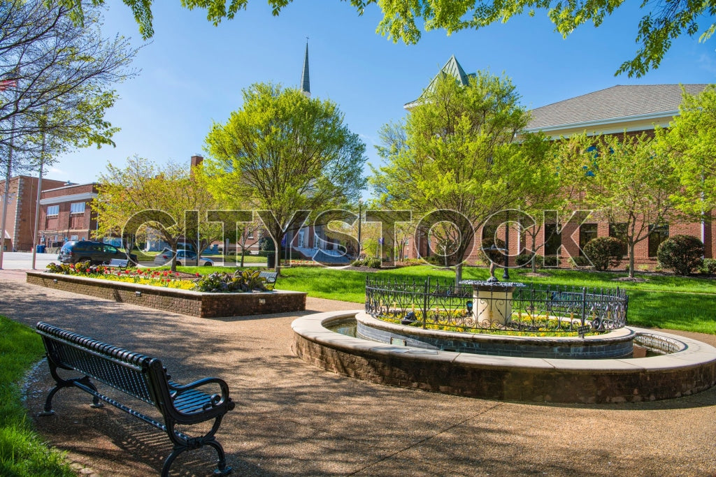 Urban park with fountain under blue sky, Gaffney, South Carolina