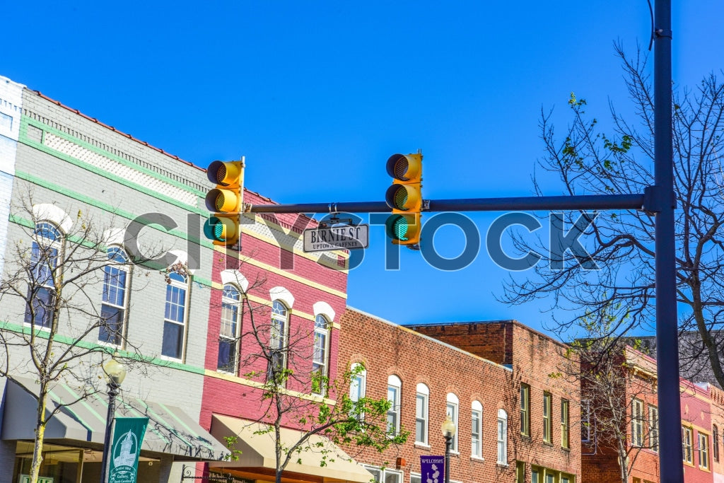 Downtown Gaffney SC with colorful historical buildings and traffic light