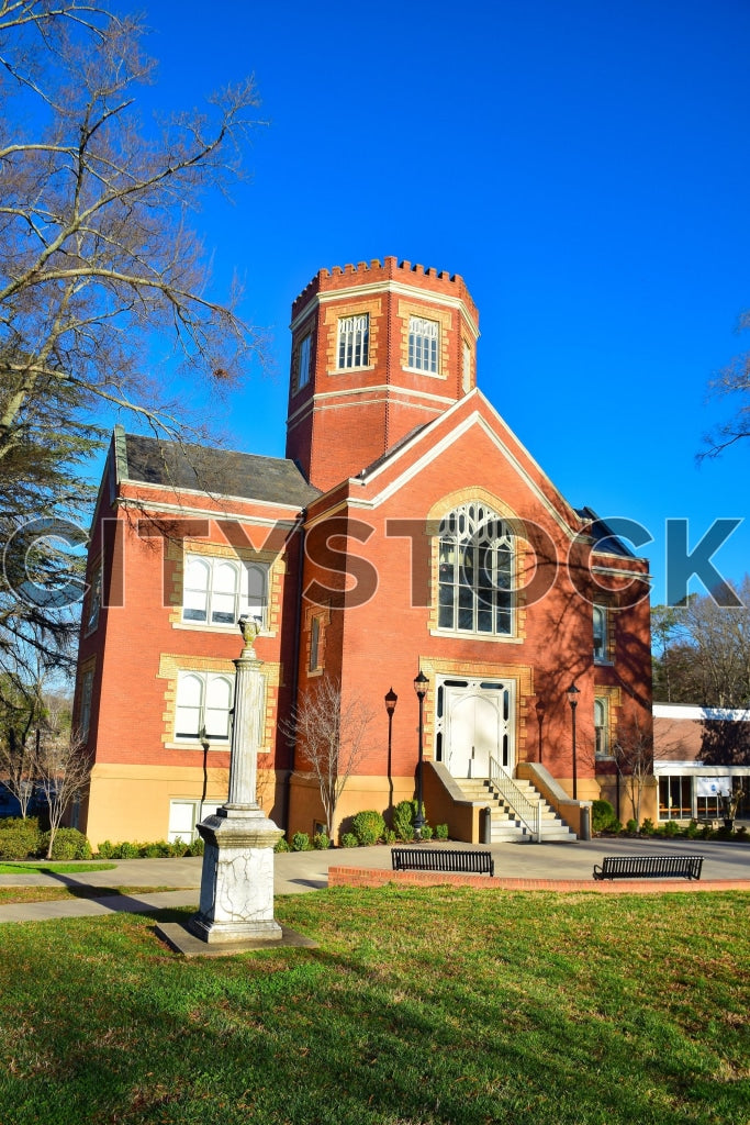 Historic Red Brick Church under Blue Sky in Gaffney, SC