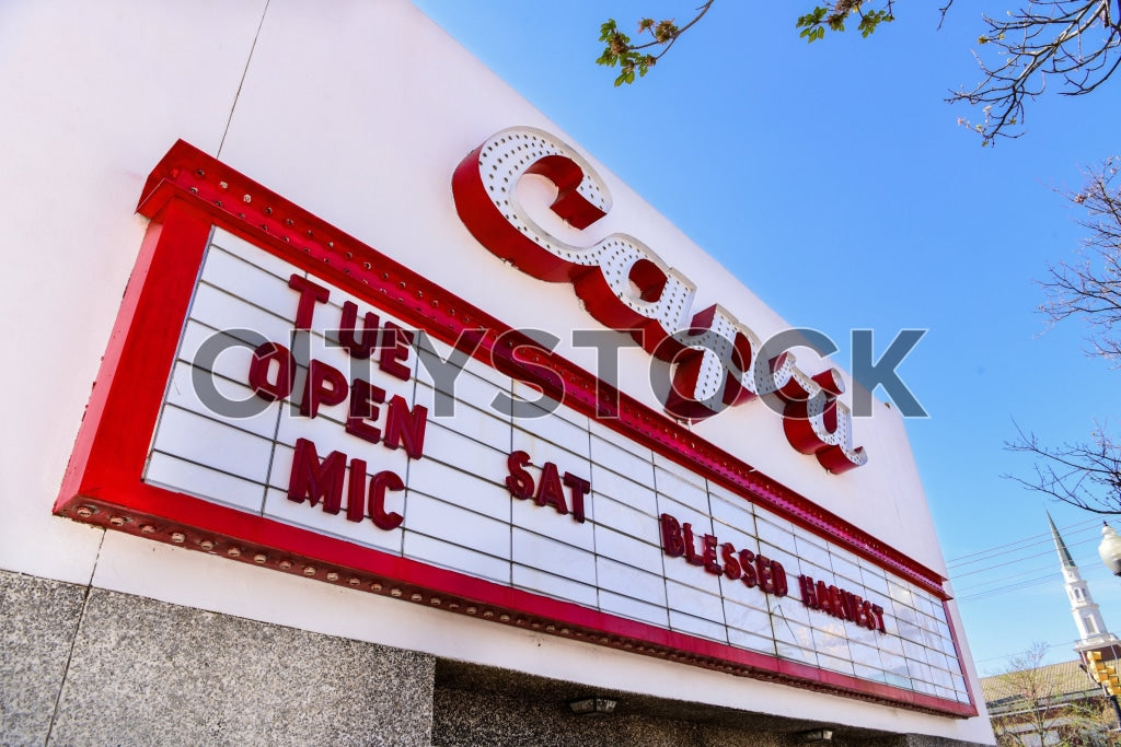 Vintage red and white cinema sign with 'Open Mic' event details, Gaffney SC