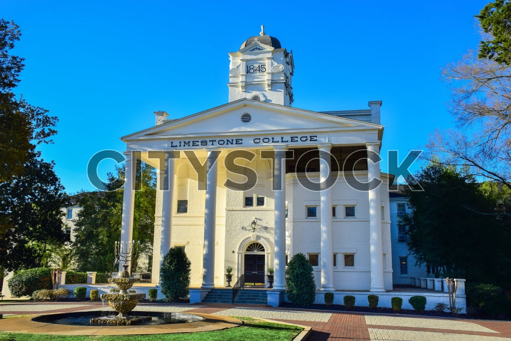 Limestone College historic building with clock tower in Gaffney, SC