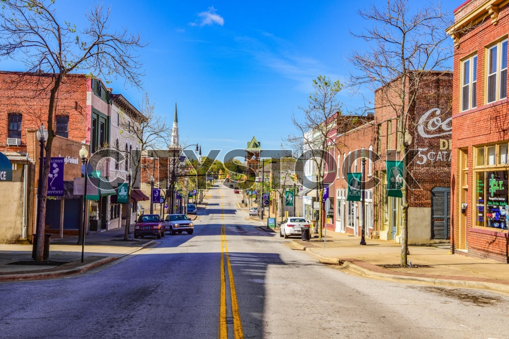 Sunny day in downtown Gaffney, SC with historic buildings