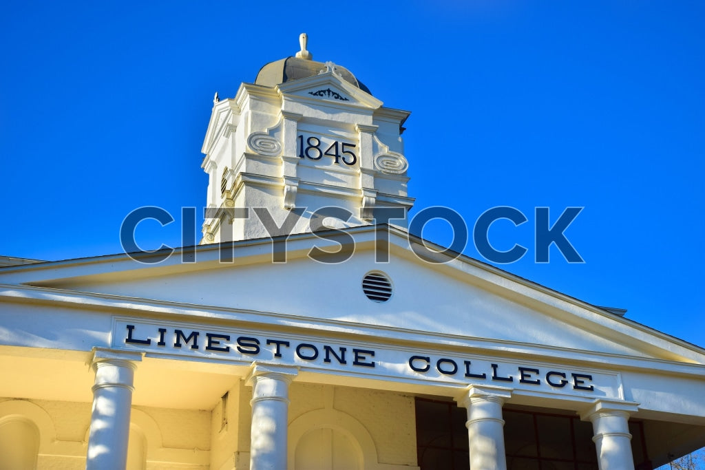 Limestone College historic building facade with clock tower, Gaffney