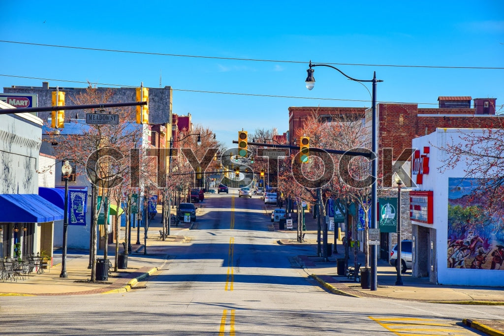 Sunny day view of Main Street in Gaffney, South Carolina with clear skies