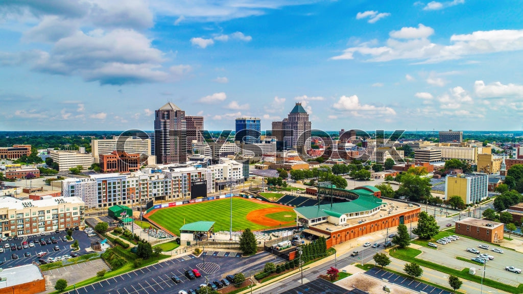 Aerial cityscape of Downtown Greensboro, NC with clear sky