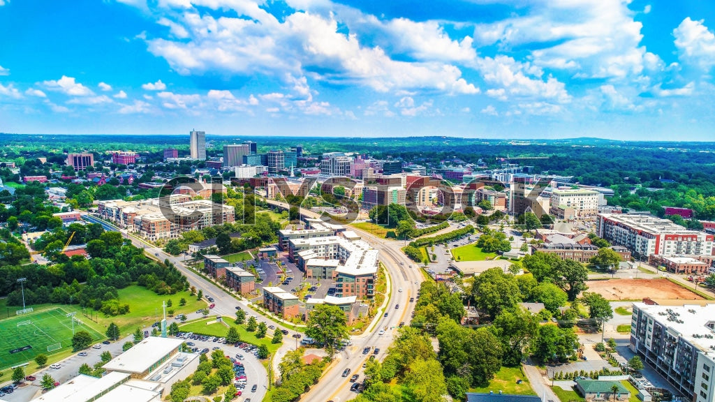 Aerial view of Greenville SC displaying modern cityscape.
