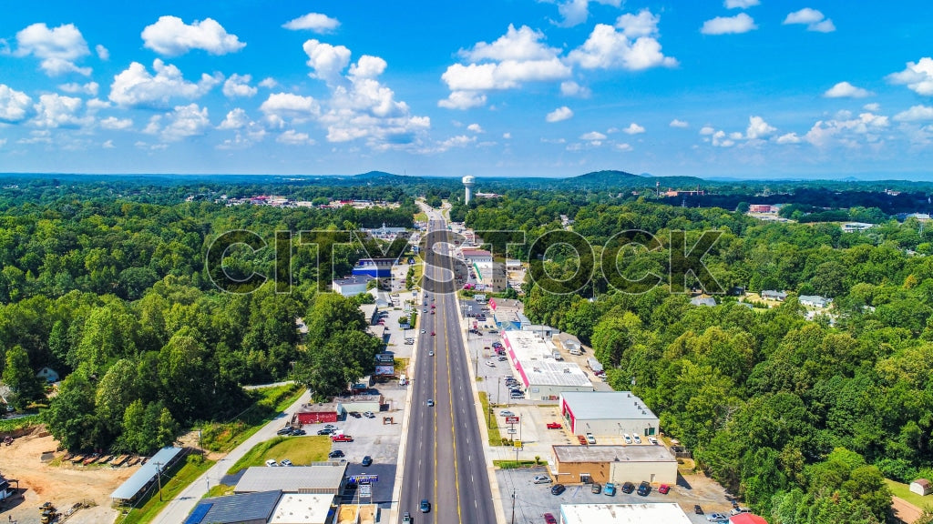 Aerial view of Greenville SC showcasing main road and urban scenery