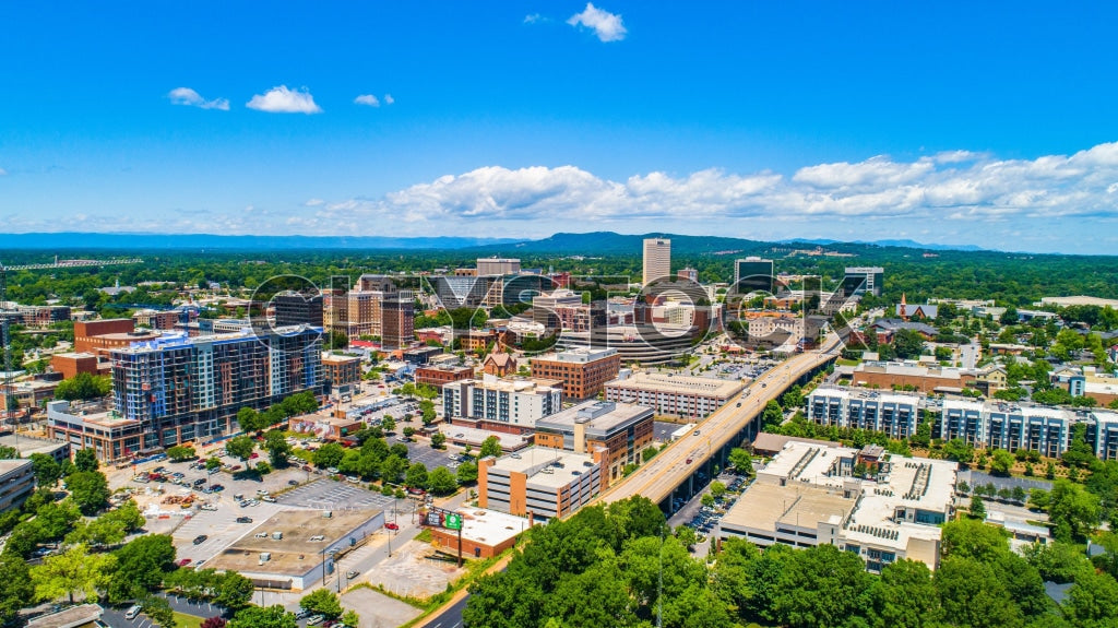 Aerial view of downtown Greenville, South Carolina on a clear day