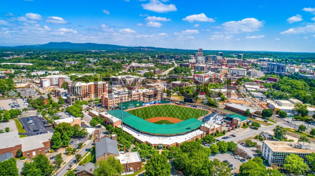 Aerial view of Greenville SC showing cityscape and stadiums