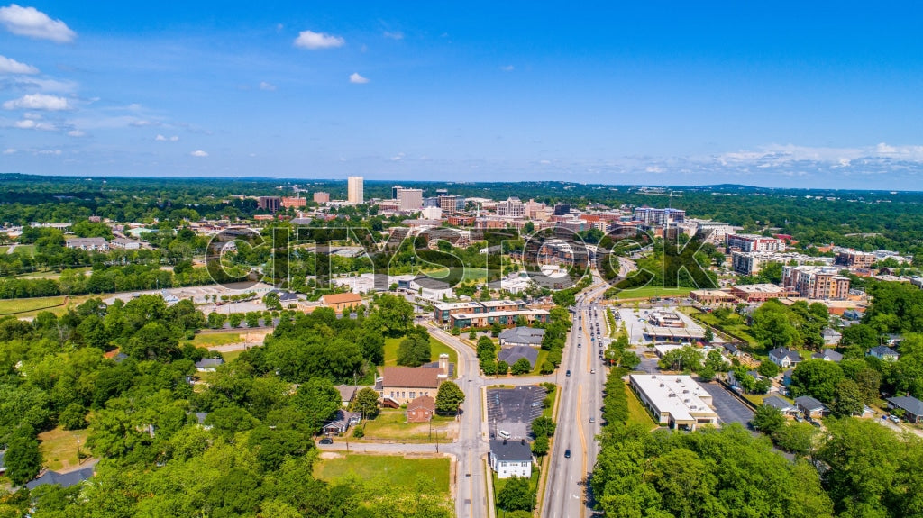 Aerial city view of Greenville, South Carolina with blue skies