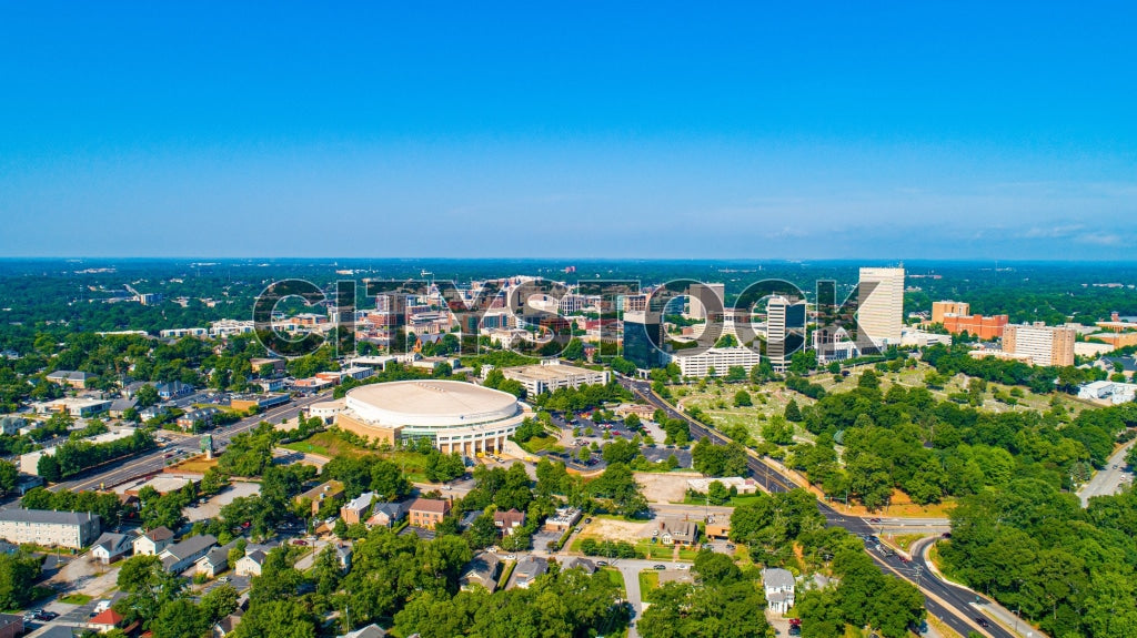 Aerial view of downtown Greenville, SC on a clear day