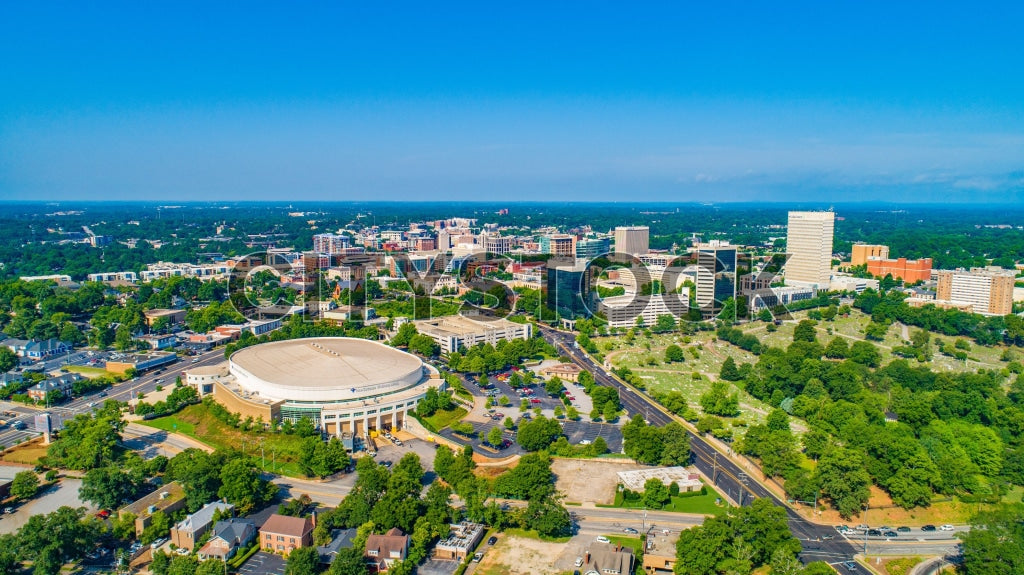 Aerial cityscape of Greenville, South Carolina, sunny day