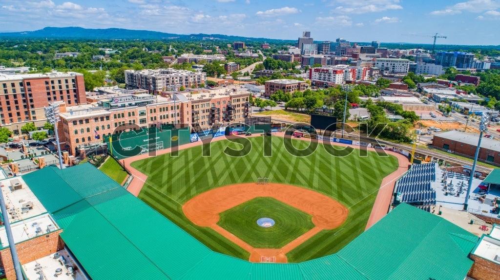 Aerial view of Greenville, SC baseball stadium and cityscape