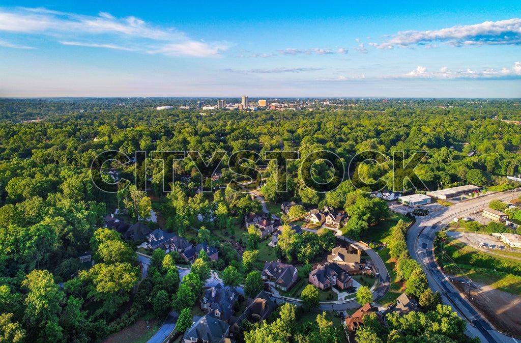 Aerial view of Greenville, SC showing suburban homes and forests