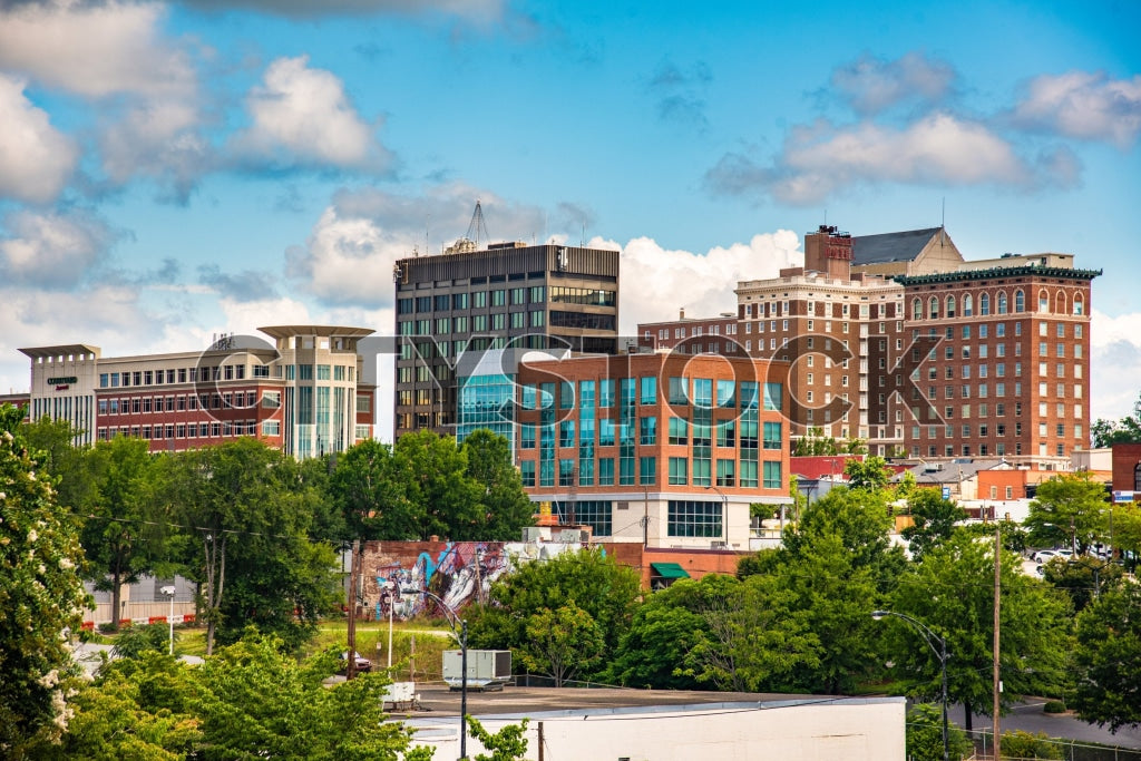 Urban cityscape view of Greenville, SC under a clear blue sky