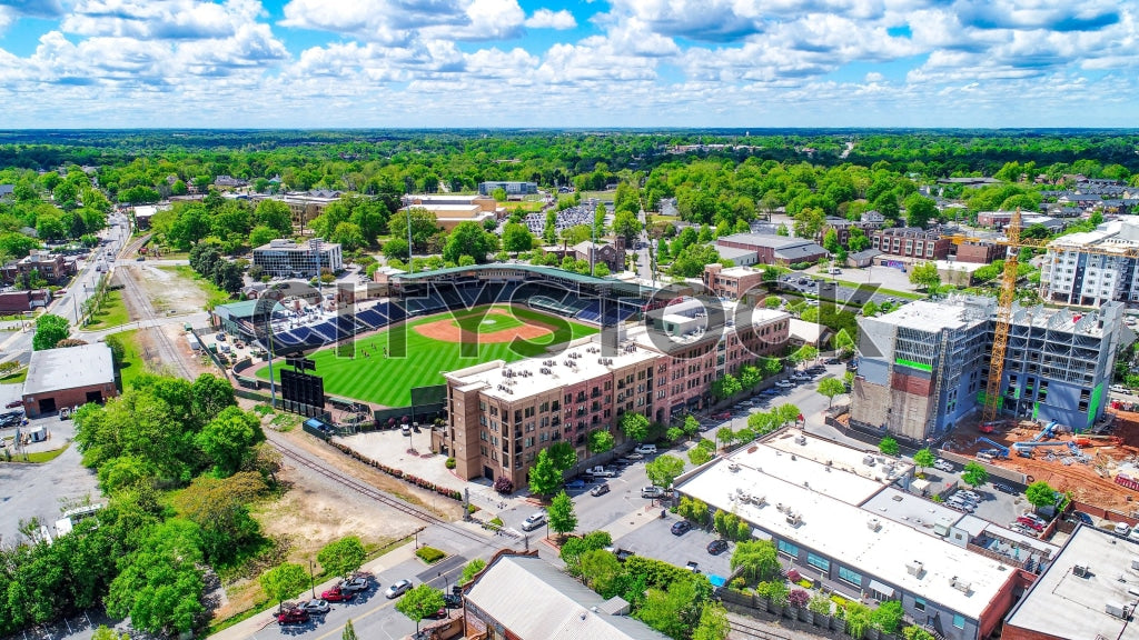 Aerial shot of Greenville SC with baseball stadium and city view