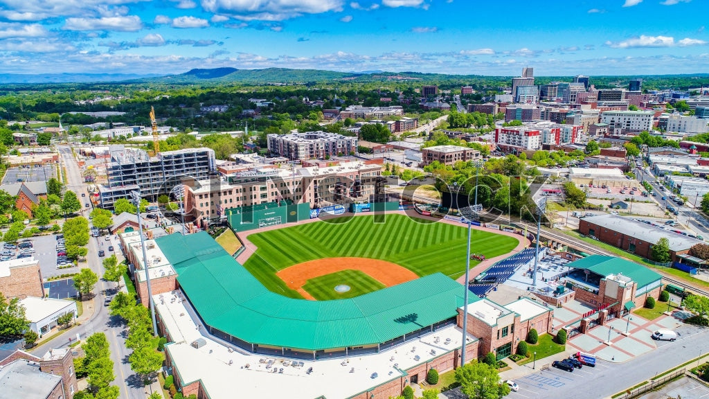 Aerial view of Greenville, SC showing baseball stadium and city