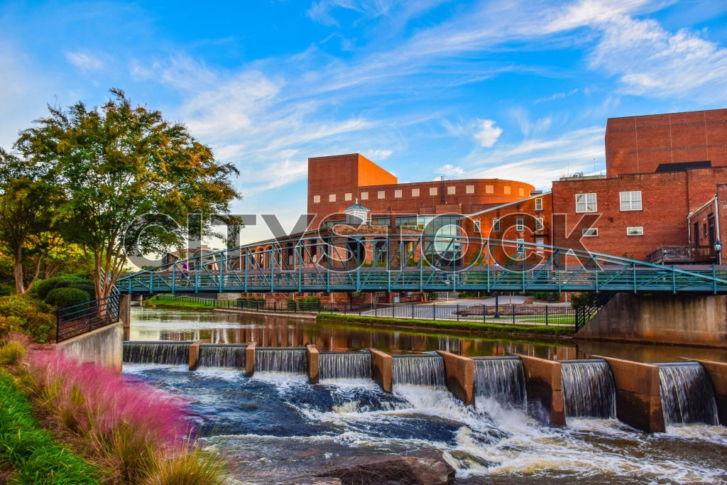 Greenville SC sunrise, Reedy River waterfall, urban view