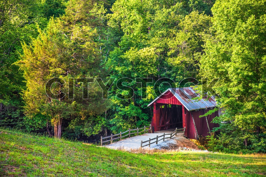 Historic Red Covered Bridge in Greenville Forest
