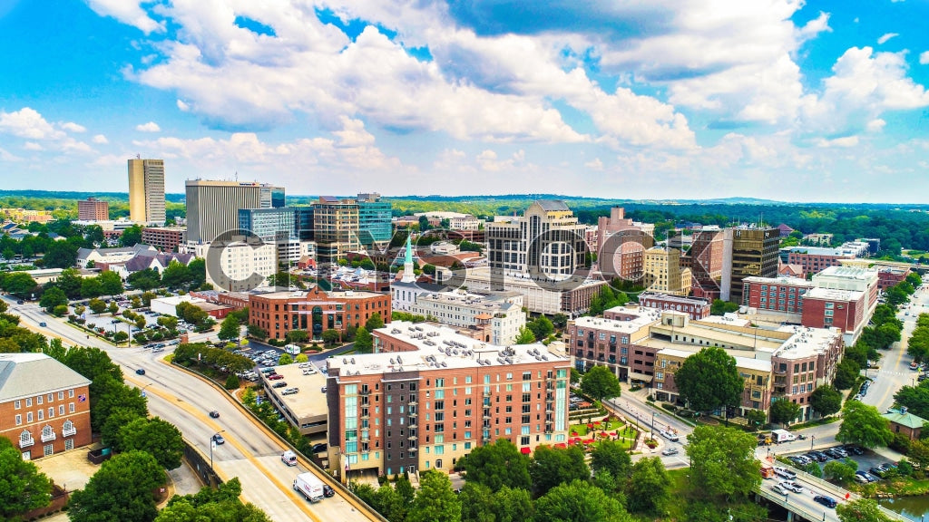Aerial view of Greenville SC showing downtown buildings and streets