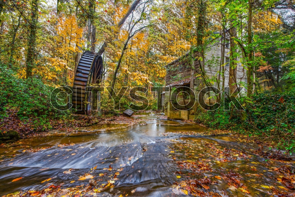 Autumnal scene of a historic water mill surrounded by colorful foliage in Greenville, SC