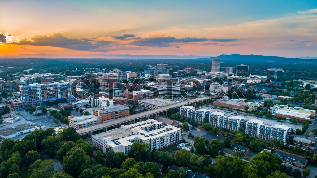 Aerial view of Greenville, SC skyline during sunset