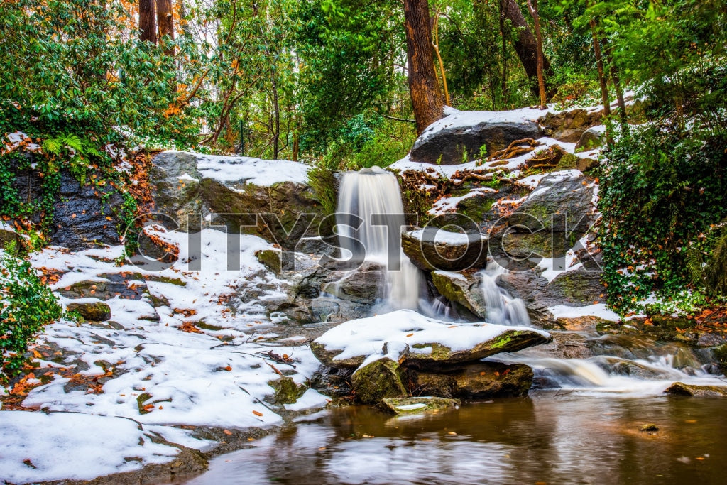 Misty winter waterfall with snow in Greenville, SC