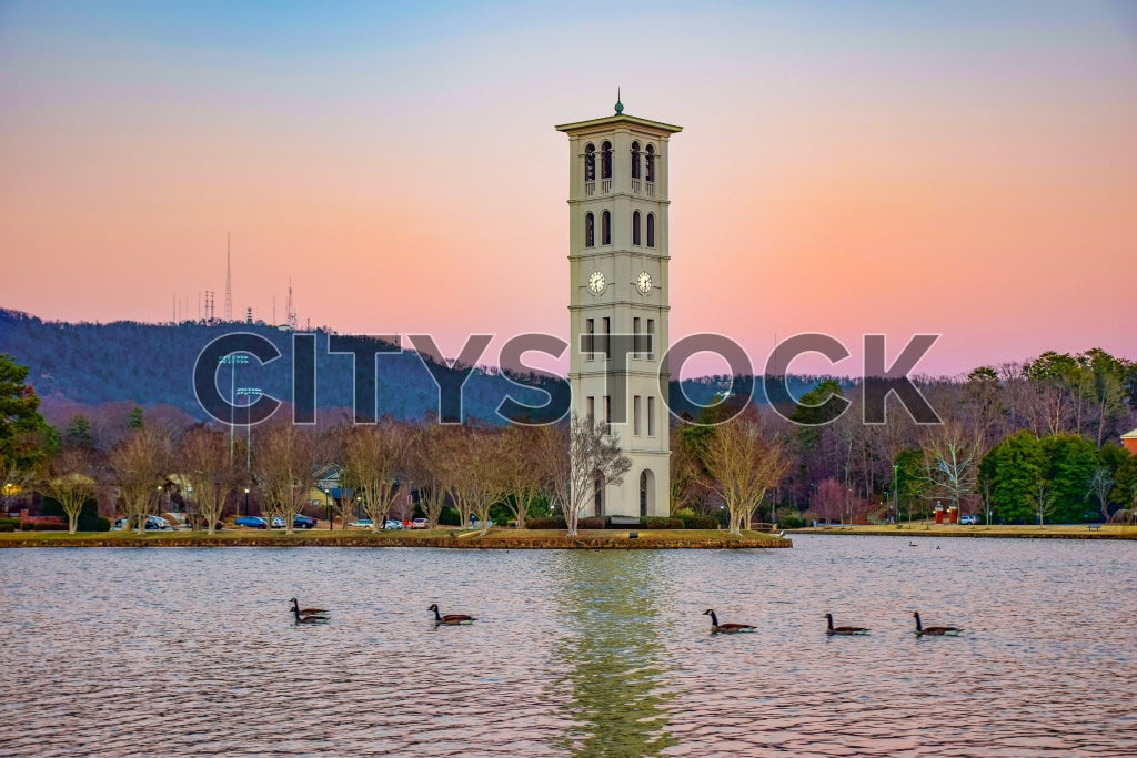 Serene sunset lake scene with geese and iconic tower, Greenville, SC
