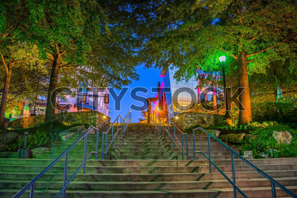 Twilight view of stairs with colorful lights in Greenville park