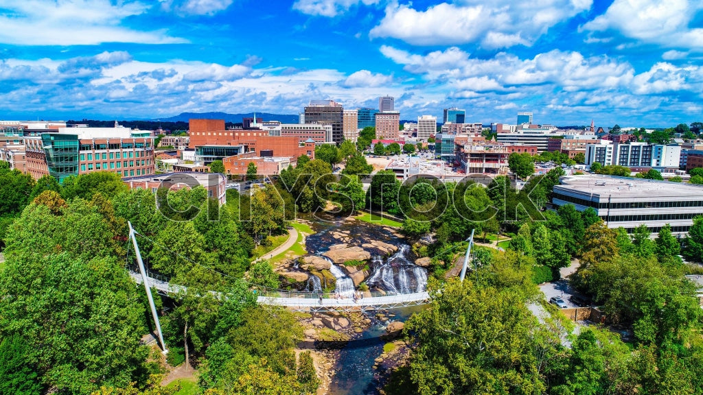 Aerial view of Greenville, SC showing cityscape and nature