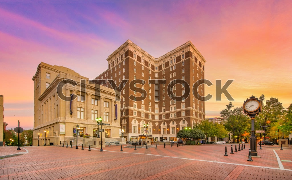 Vibrant sunset over historic Greenville with historic buildings