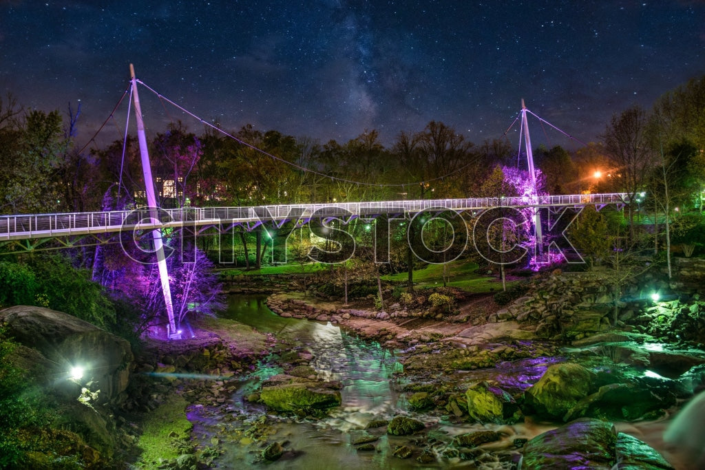 Illuminated suspension bridge at night in Greenville, SC