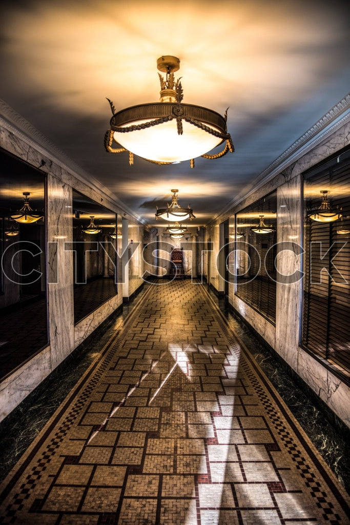 Vintage hallway with glowing chandeliers in Greenville, SC