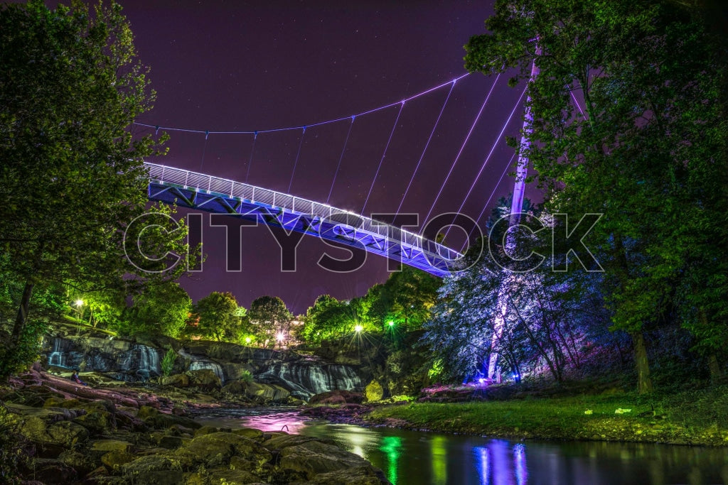 Night view of illuminated suspension bridge over river in Greenville, SC