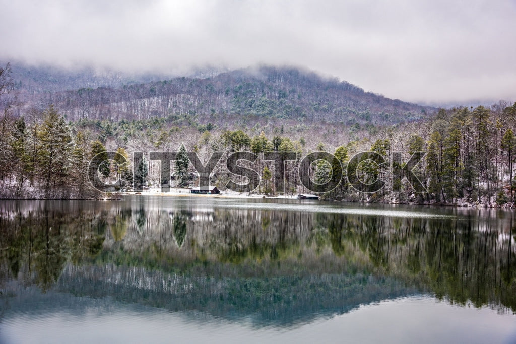 Winter reflection in Greenville, South Carolina with snowy trees