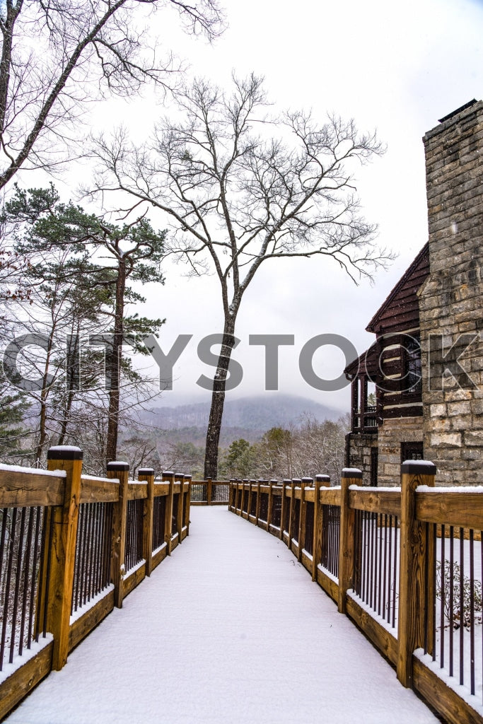 Snowy landscape with wooden bridge and rustic building in Greenville, SC
