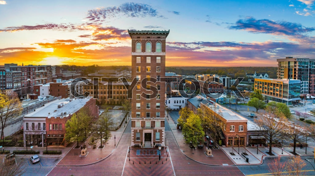 Aerial view of Greenville, South Carolina, cityscape at sunrise