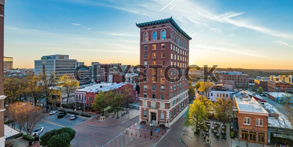 Aerial view of downtown Greenville, SC during sunset
