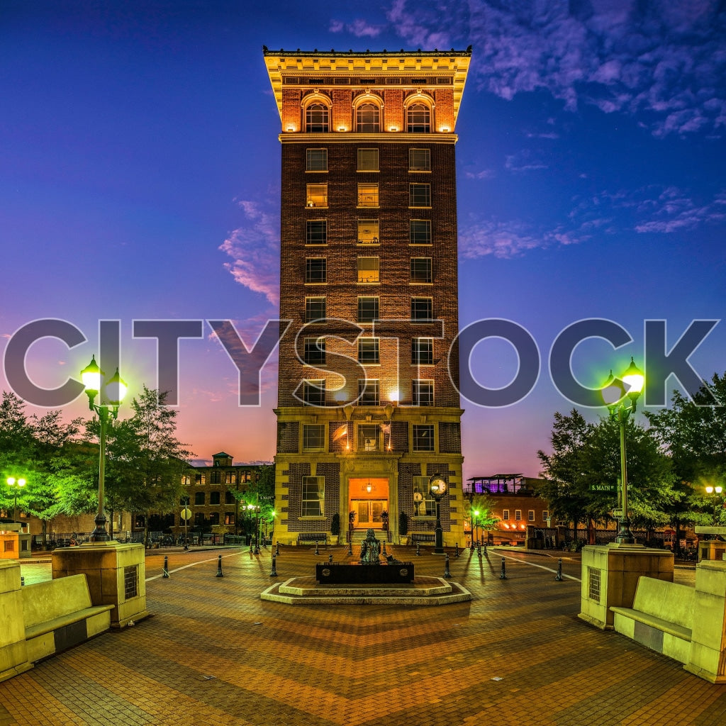 Greenville historic building and urban plaza at sunset