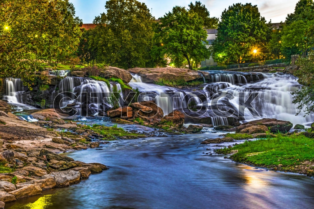Twilight view of Reedy River Waterfalls in Greenville, SC