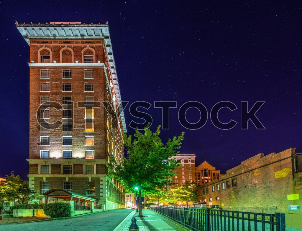 Historical building in Greenville SC under a starry night sky