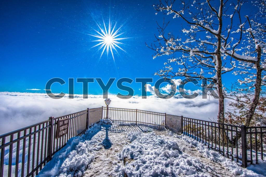 Sunburst shining over snowy mountain in Greenville, SC